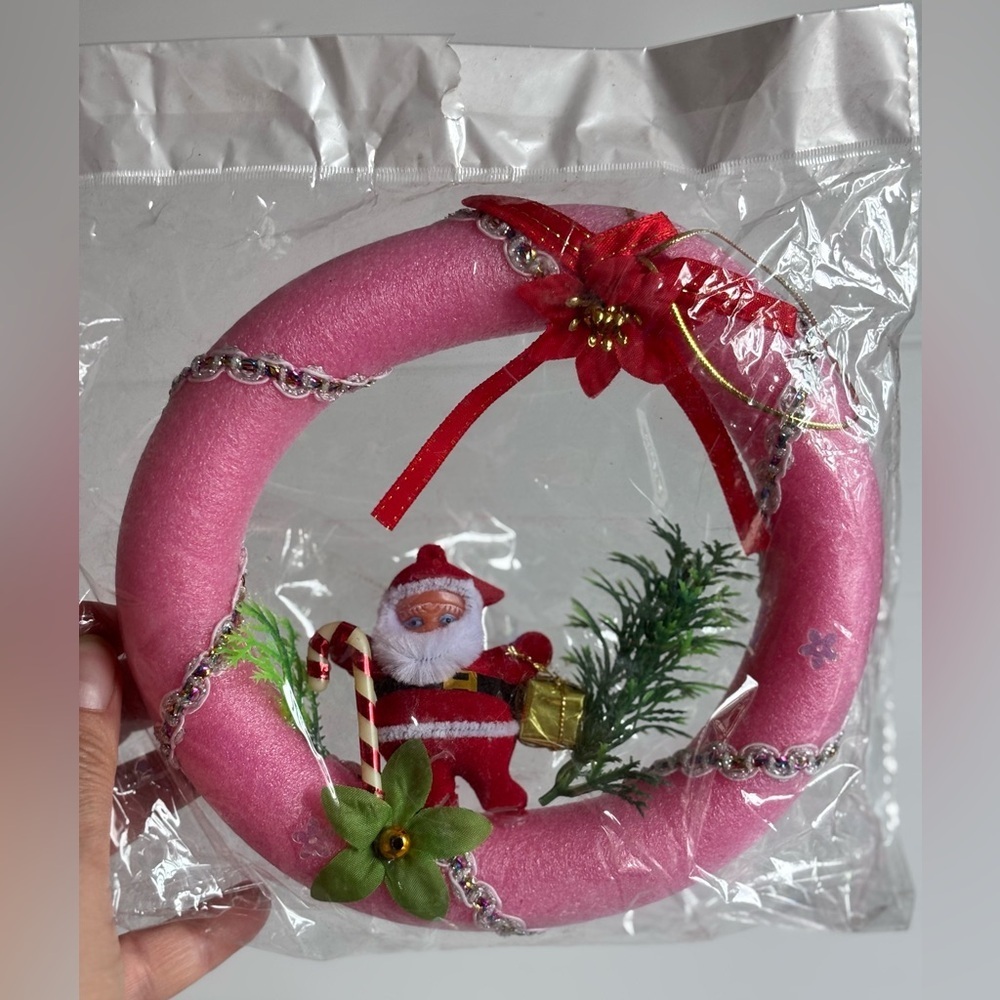 Vintage Pink Christmas Wreath Santa Candy Cane